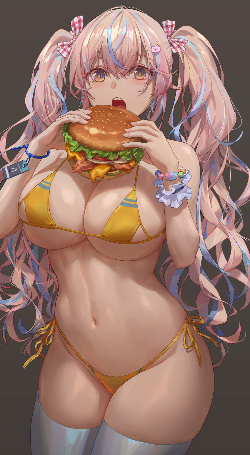 1girl, absurdres, bare_shoulders, bead_bracelet, beads, bikini, blonde_hair, blue_hair, blush, bracelet, breasts, burger, cleavage, diamond-shaped_pupils, diamond_(shape), eating, food, free_style_(yohan1754), grey_eyes, hair_spread_out, highleg, highleg_bikini, highres, jewelry, large_breasts, light_blue_hair, long_hair, looking_at_viewer, multicolored_hair, navel, open_mouth, original, pig_hair_ornament, sidelocks, solo, stomach, streaked_hair, swimsuit, symbol-shaped_pupils, thighhighs, thighs, toned, toned_female, twintails, wavy_hair, white_thighhighs, yellow_bikini