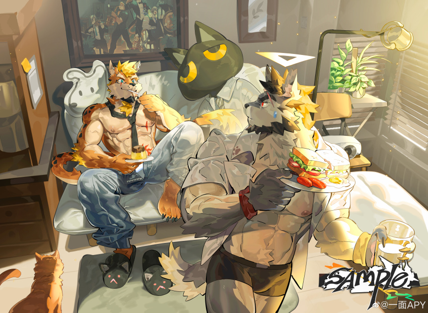 2boys, abs, absurdres, animal_print, artist_request, bara, bare_pectorals, beard