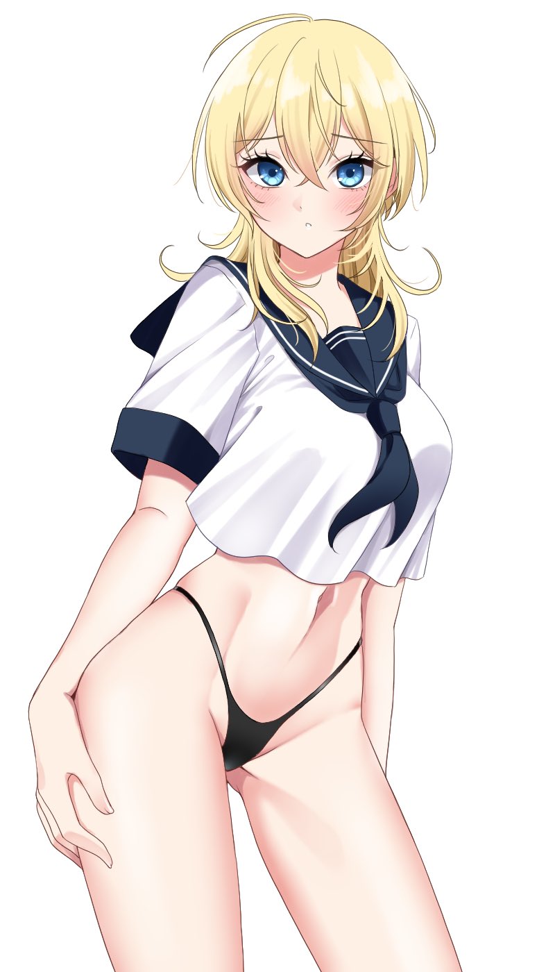 1girl, black_neckerchief, black_panties, black_sailor_collar, blonde_hair, blue_eyes, blush, closed_mouth, cosplay, cowboy_shot, groin, hair_between_eyes, highres, kantai_collection, medium_hair, navel, neckerchief, panties, sailor_collar, school_uniform, serafuku, simple_background, solo, ta-class_battleship, ta-class_battleship_(cosplay), tuscaloosa_(kancolle), underwear, white_background, yomogi_dango