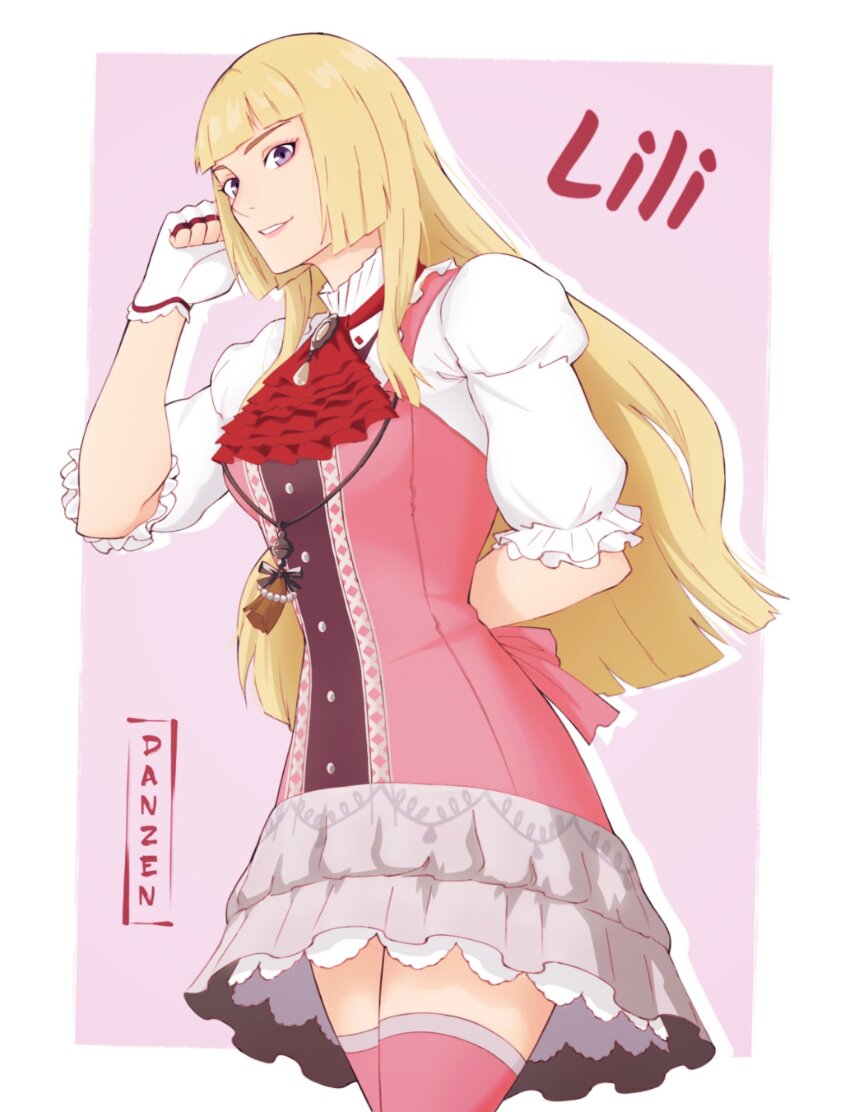 1girl, blonde_hair, breasts, danzen, dress, emilie_de_rochefort, fingerless_gloves, gloves, highres, long_hair, medium_breasts, short_sleeves, tekken, tekken_8