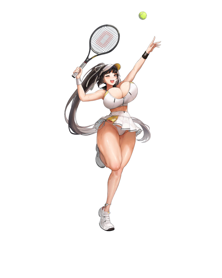 1girl, absurdres, anklet, armpit_crease, arms_up, ball, barcode, bead_anklet, beads, bodypaint, breasts, brown_eyes, brown_hair, bursting_breasts, english_text, full_body, game_cg, hair_ribbon, hat, high-waist_skirt, high_ponytail, highres, holding, holding_racket, huge_breasts, japanese_text, jewelry, last_origin, long_hair, looking_at_viewer, mel_(dodosae), microskirt, official_alternate_costume, official_art, one_eye_closed, open_mouth, panda_ornament, panties, pleated_skirt, ponytail, racket, ribbon, shirt, shoes, side-tie_panties, simple_background, skirt, smile, sneakers, solo, sportswear, standing, standing_on_one_leg, string_panties, sweat, sweatband, tachi-e, tennis_ball, tennis_racket, tennis_uniform, thick_thighs, thighs, third-party_source, tiequan_(last_origin), transparent_background, underwear, very_long_hair, visor_cap, wardrobe_malfunction, white_hat, white_panties, white_ribbon, white_shirt, white_shoes, white_skirt, zipper