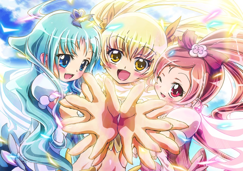 10s, 3girls, :d, blonde_hair, blue_eyes, blue_hair, cure_blossom, cure_marine