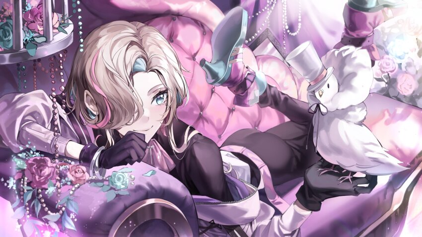 1boy, ankle_boots, aqua_boots, aqua_eyes, aqua_flower, aqua_hair, aqua_rose, ascot