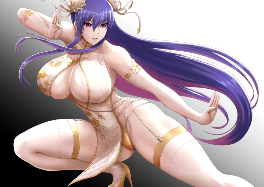 1girl, akiyama_rinko, breasts, china_dress, chinese_clothes, dress, fighting_stance, highres, huge_breasts, long_hair, nikozes, orange_shoes, shoes, taimanin_(series), taimanin_yukikaze