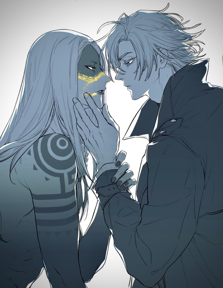 2boys, black_nails, blonde_hair, coat, daybit_sem_void, fate/grand_order, fate_(series), hand_on_another's_face