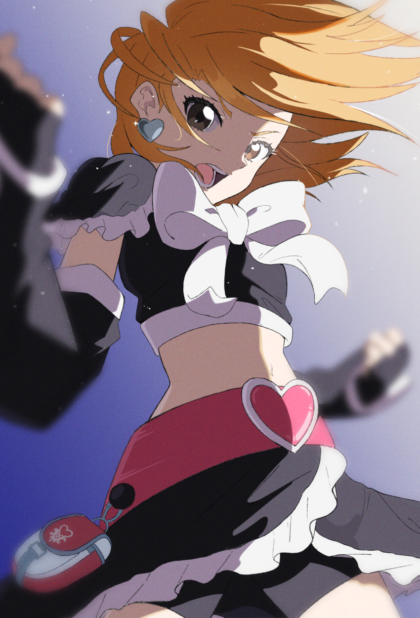 1girl, arm_warmers, belt, bike_shorts, bike_shorts_under_skirt, black_gloves, black_shirt, black_skirt