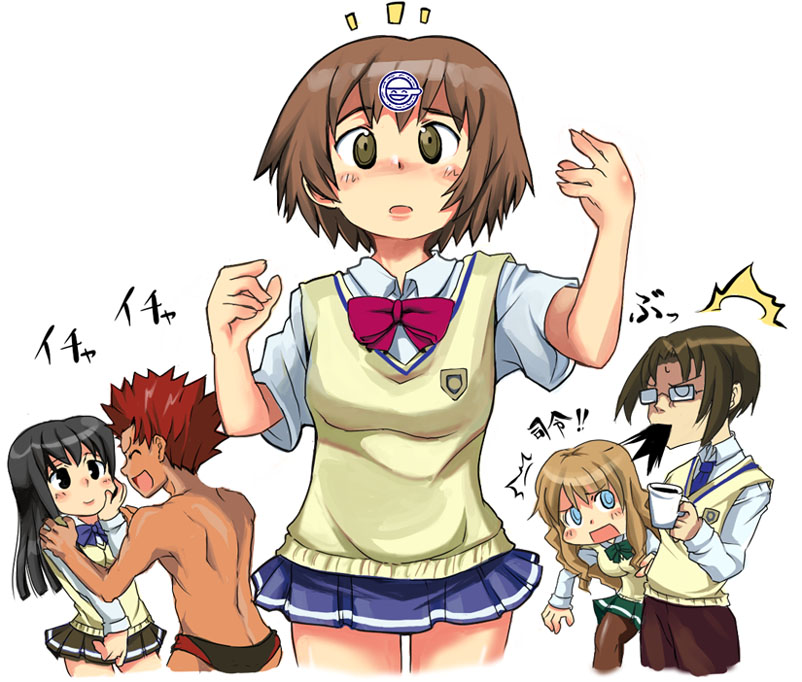 00s, 2boys, 3girls, ^^^, black_eyes, black_hair, blue_eyes, blush