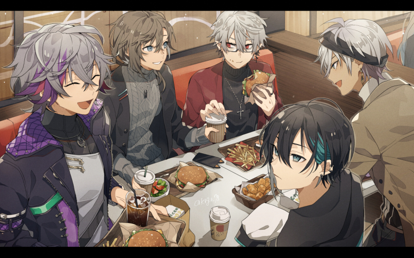 5boys, :d, :t, ^_^, artist_name, black-framed_eyewear, black_hair, black_hairband