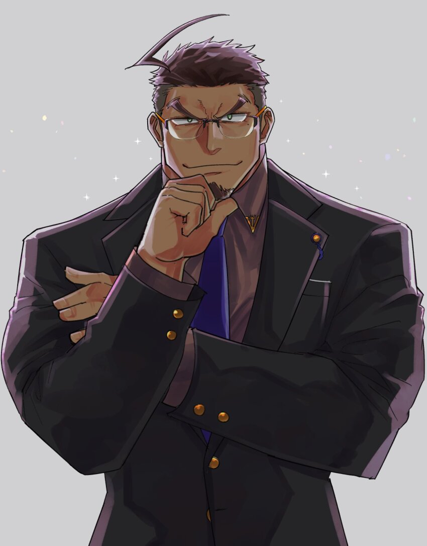 1boy, ahoge, bara, black_suit, formal_clothes, furrowed_brow, glasses, hand_on_own_chin