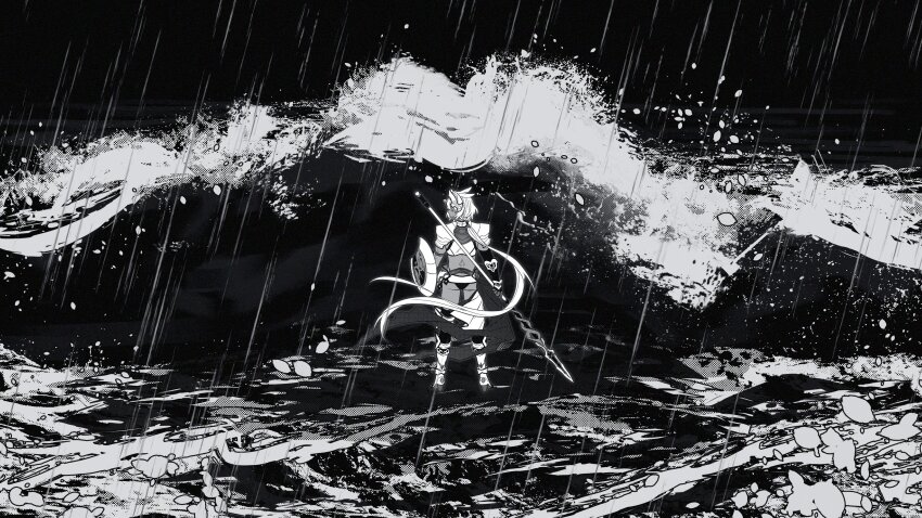 1girl, animal_ears, caenis_(fate), caenis_(second_ascension)_(fate), dark-skinned_female, dark_skin, fate/grand_order, fate_(series), from_behind, gloves, hairband, harpoon, headpiece, highres, holding, holding_shield, jacket, long_hair, looking_back, nachochips_159, non-web_source, ocean, ponytail, rain, shield, shoulder_plates, solo, studded_jacket, waves, white_hair