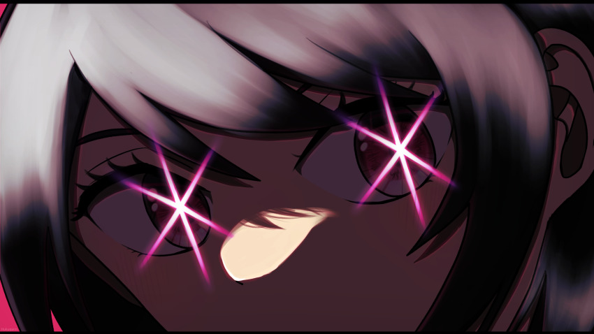 1girl, blush, close-up, commentary_request, eye_focus, highres, hoshino_ai, kageroudeizu7pc5, letterboxed, oshi_no_ko, pink_background, pink_eyes, purple_hair, sidelocks, solo, star-shaped_pupils, star_(symbol), swept_bangs, symbol-shaped_pupils