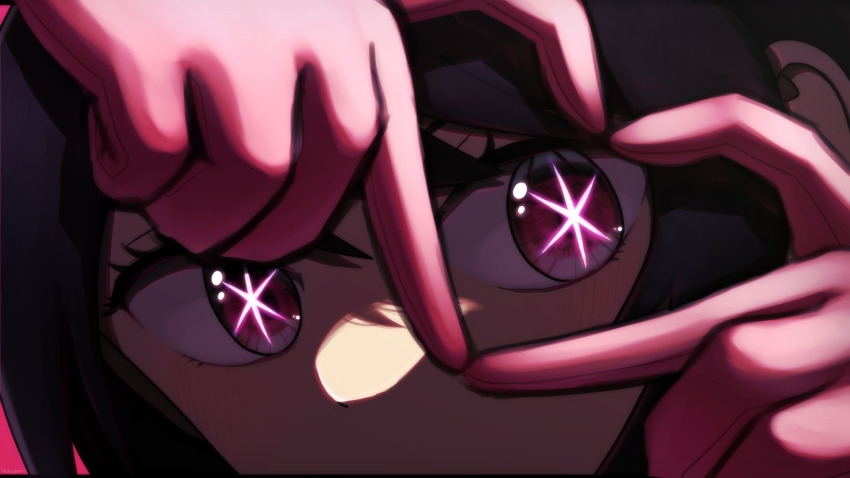 1girl, blush, close-up, commentary_request, eye_focus, gloves, heart, heart_hands, highres, hoshino_ai, kageroudeizu7pc5, oshi_no_ko, pink_background, pink_eyes, pink_gloves, purple_hair, sidelocks, solo, star-shaped_pupils, star_(symbol), swept_bangs, symbol-shaped_pupils