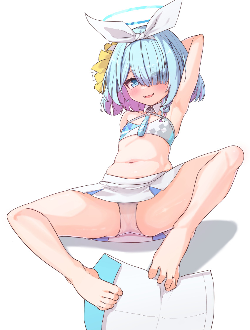 1girl, :d, absurdres, alternate_costume, aqua_eyes, aqua_hair, arm_behind_head, armpits, arona_(blue_archive), bare_legs, barefoot, blue_archive, braid, cheerleader, colored_inner_hair, commentary_request, criss-cross_halter, envelope, eyes_visible_through_hair, flat_chest, full_body, gameplay_mechanics, halo, halterneck, highres, holding, holding_pom_poms, holding_with_feet, indian_style, kyaong, looking_at_viewer, millennium_cheerleader_outfit_(blue_archive), multicolored_hair, navel, open_mouth, panties, pantyshot, pleated_skirt, pom_pom_(cheerleading), pom_poms, short_hair, sidelocks, simple_background, single_braid, sitting, skirt, sleeveless, smile, soles, solo, spread_legs, spread_toes, stomach, toenails, toes, two-tone_hair, underwear, white_background, white_panties