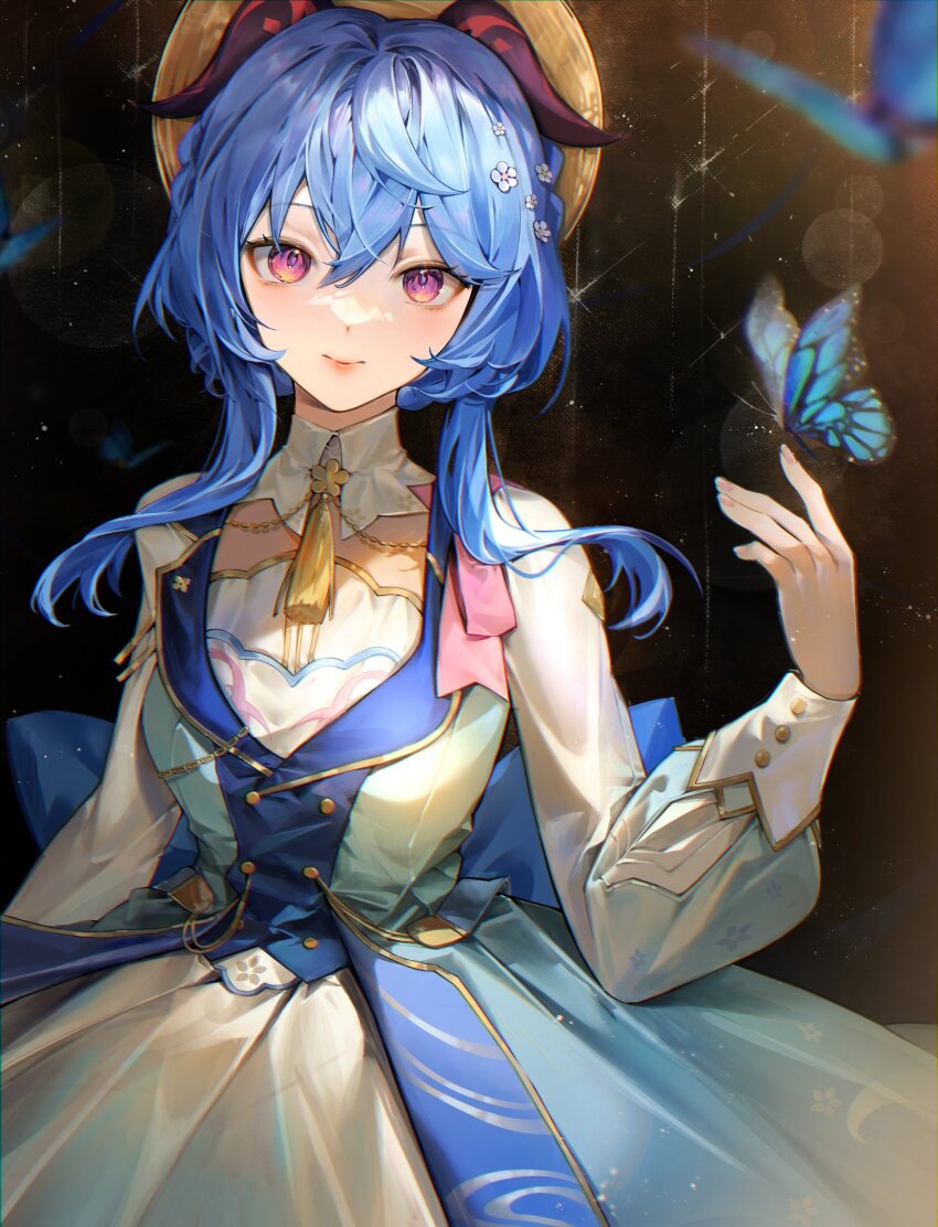 1girl, ahoge, arrrrrry1, ayaka_(genshin_impact), blue_dress, blue_hair, blunt_bangs, blush