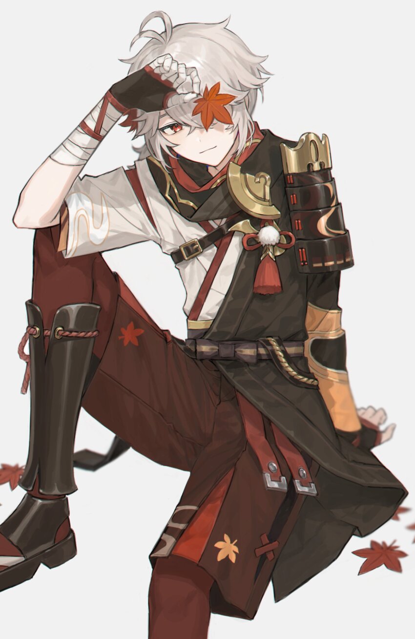 1boy, absurdres, antenna_hair, bandaged_hand, bandages, black_footwear, black_gloves, black_jacket