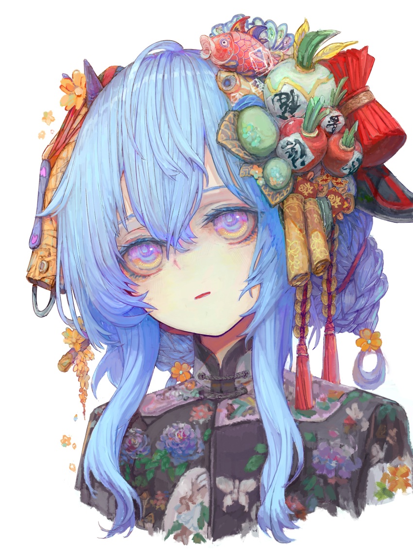 &amp;ueen, 1girl, absurdres, alternate_costume, alternate_hairstyle, black_shirt, blue_hair, chinese_clothes