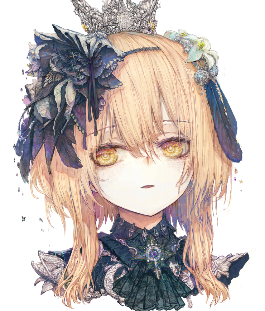 &amp;ueen, 1girl, absurdres, alternate_costume, ascot, black_ascot, blonde_hair, commentary_request