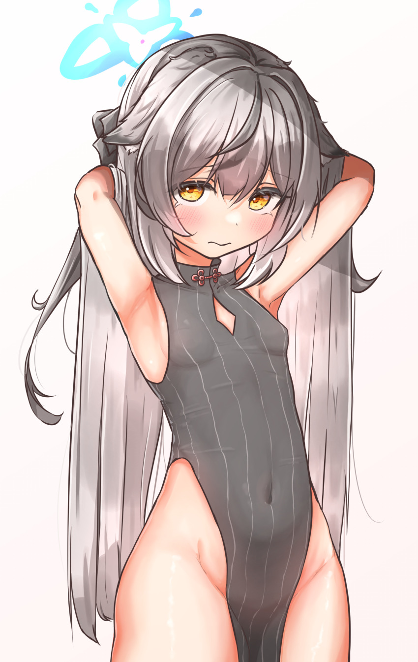 1girl, absurdres, adjusting_hair, alternate_hairstyle, armpits, arms_behind_head, black_dress, blue_archive