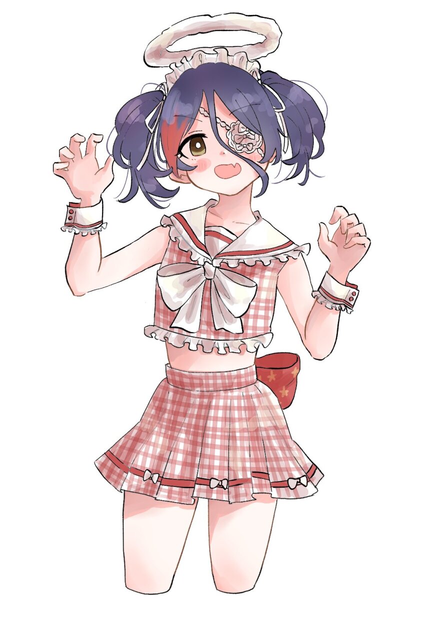 1girl, blush, bright_pupils, collarbone, cropped_legs, cropped_shirt, eyepatch, fake_halo