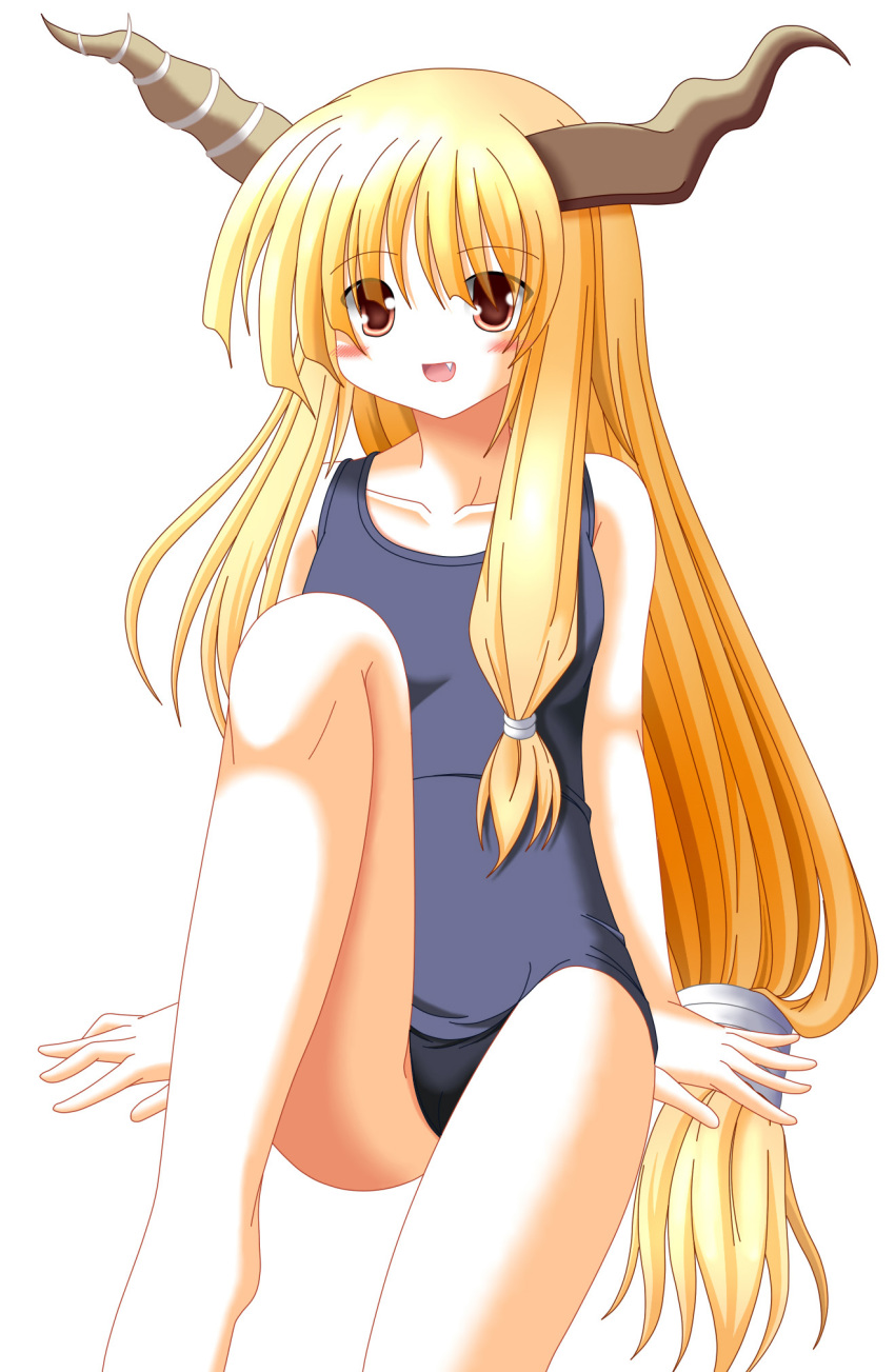 1girl, ass, blonde_hair, fang, female_focus, highres, horns, ibuki_suika, long_hair, mukiryoku_seimeitai, no_nose, one-piece_swimsuit, red_eyes, school_swimsuit, simple_background, solo, swimsuit, touhou, towel, white_background