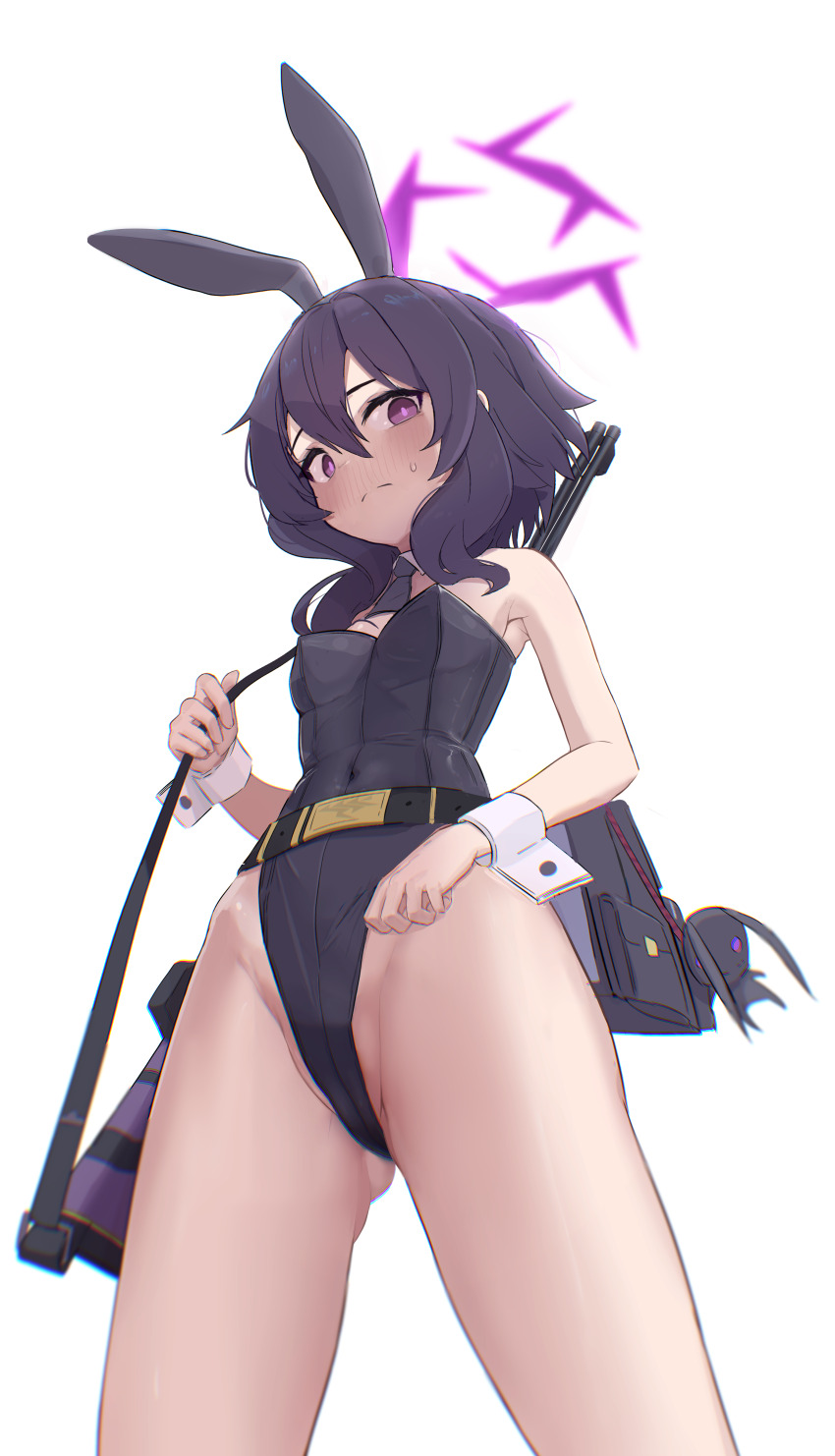 1girl, absurdres, alternate_costume, armpits, backpack, bag, belt, black_hair, black_leotard, black_necktie, blue_archive, blush, breasts, commentary_request, detached_collar, fabarm_fp6, from_below, hair_between_eyes, halo, haruka_(blue_archive), highleg, highleg_leotard, highres, leotard, looking_at_viewer, looking_down, medium_breasts, necktie, patanda, playboy_bunny, pump_action, purple_eyes, short_hair, short_hair_with_long_locks, shotgun, sidelocks, simple_background, sleeveless, small_breasts, solo, strapless, strapless_leotard, stuffed_animal, stuffed_rabbit, stuffed_toy, sweatdrop, underboob, weapon, weapon_on_back, white_background