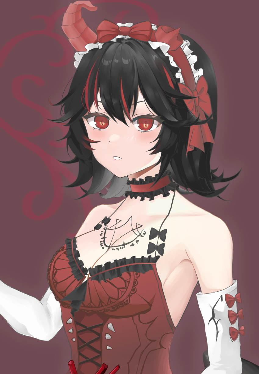 1girl, absurdres, black_hair, breasts, chest_tattoo, cleavage, corset, demon_horns