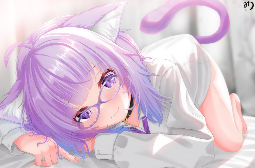 1girl, :3, absurdres, ahoge, all_fours, animal_collar, animal_ears, bedroom