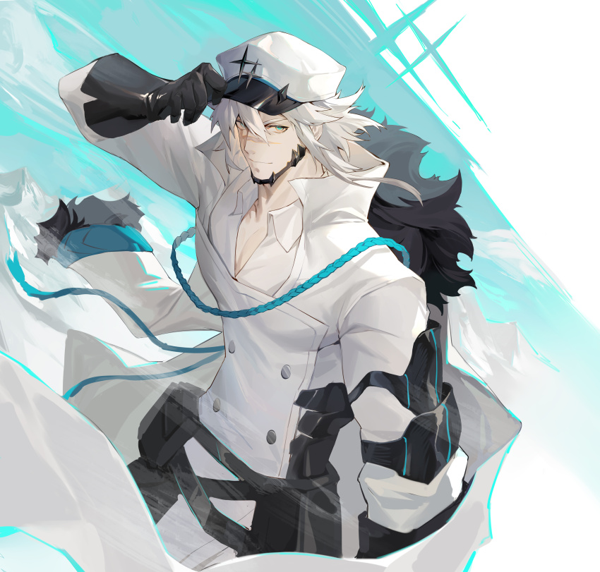 1boy, absurdres, adjusting_clothes, adjusting_headwear, alchemy_stars, artist_request, barton_(alchemy_stars), character_request