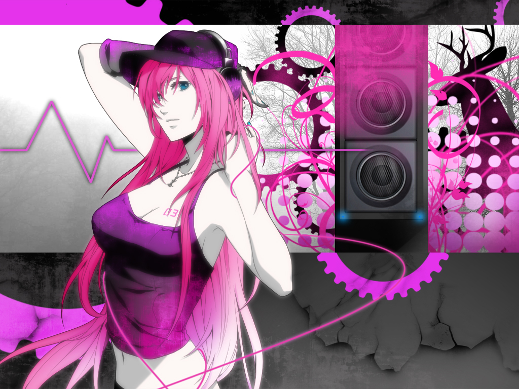 1girl, ak_(cosmio), aqua_eyes, bad_id, bad_pixiv_id, breasts, cleavage, female_focus, hat, headphones, jewelry, long_hair, megurine_luka, navel, necklace, pink_hair, solo, vocaloid