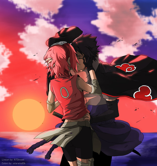 1boy, 1girl, black_hair, coat, couple, forehead_protector, green_eyes, haruno_sakura