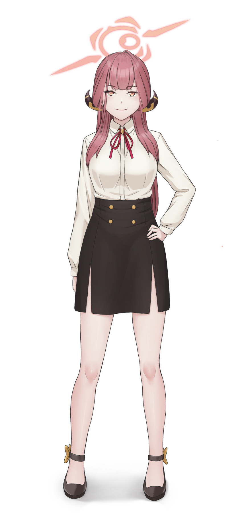 1girl, absurdres, anklet, aru_(blue_archive), black_skirt, blue_archive, blunt_bangs, bow