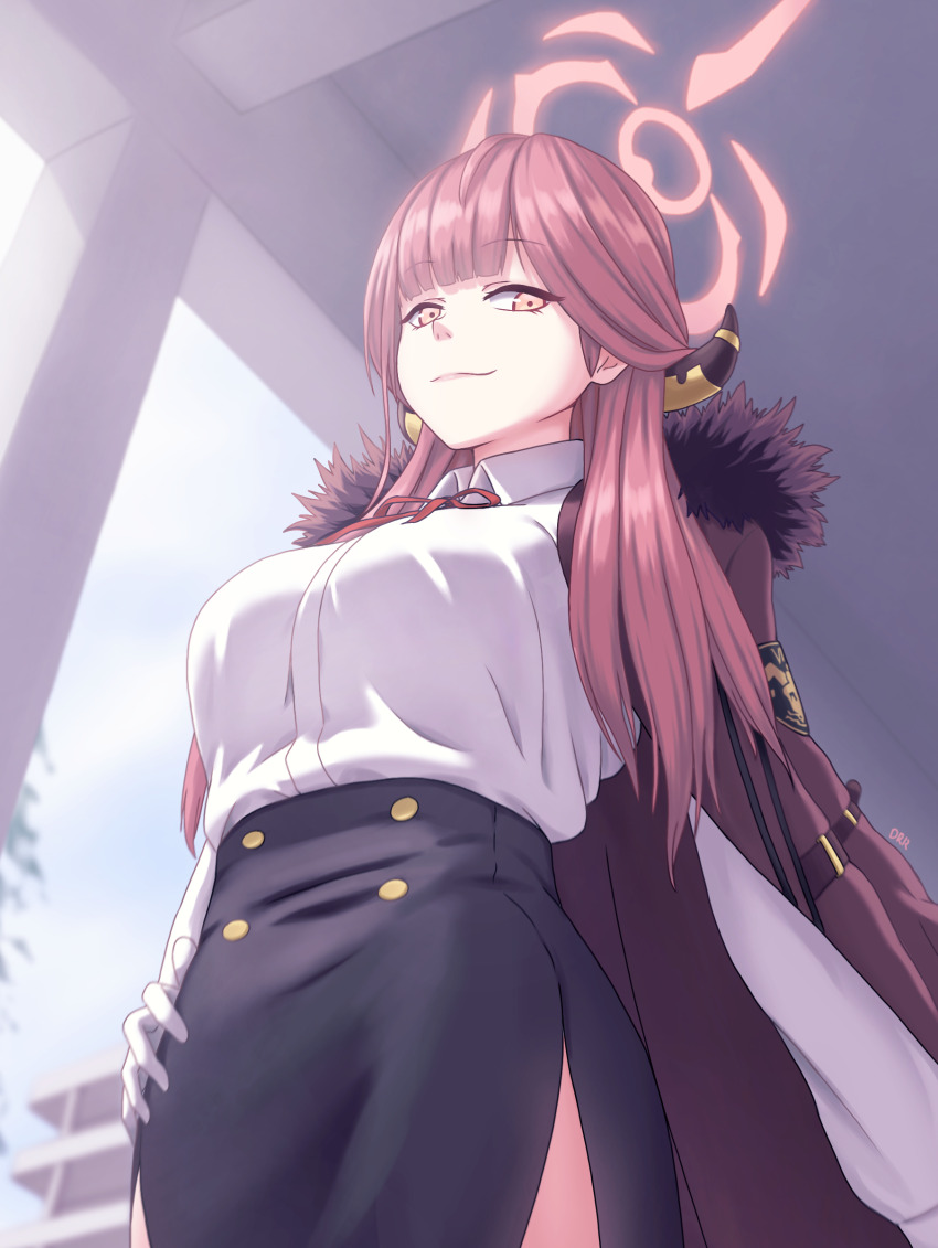 1girl, absurdres, aru_(blue_archive), black_skirt, blue_archive, blunt_bangs, bow, bowtie