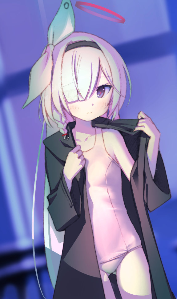 1girl, black_coat, black_eyes, black_hairband, blue_archive, blush, bow, braid