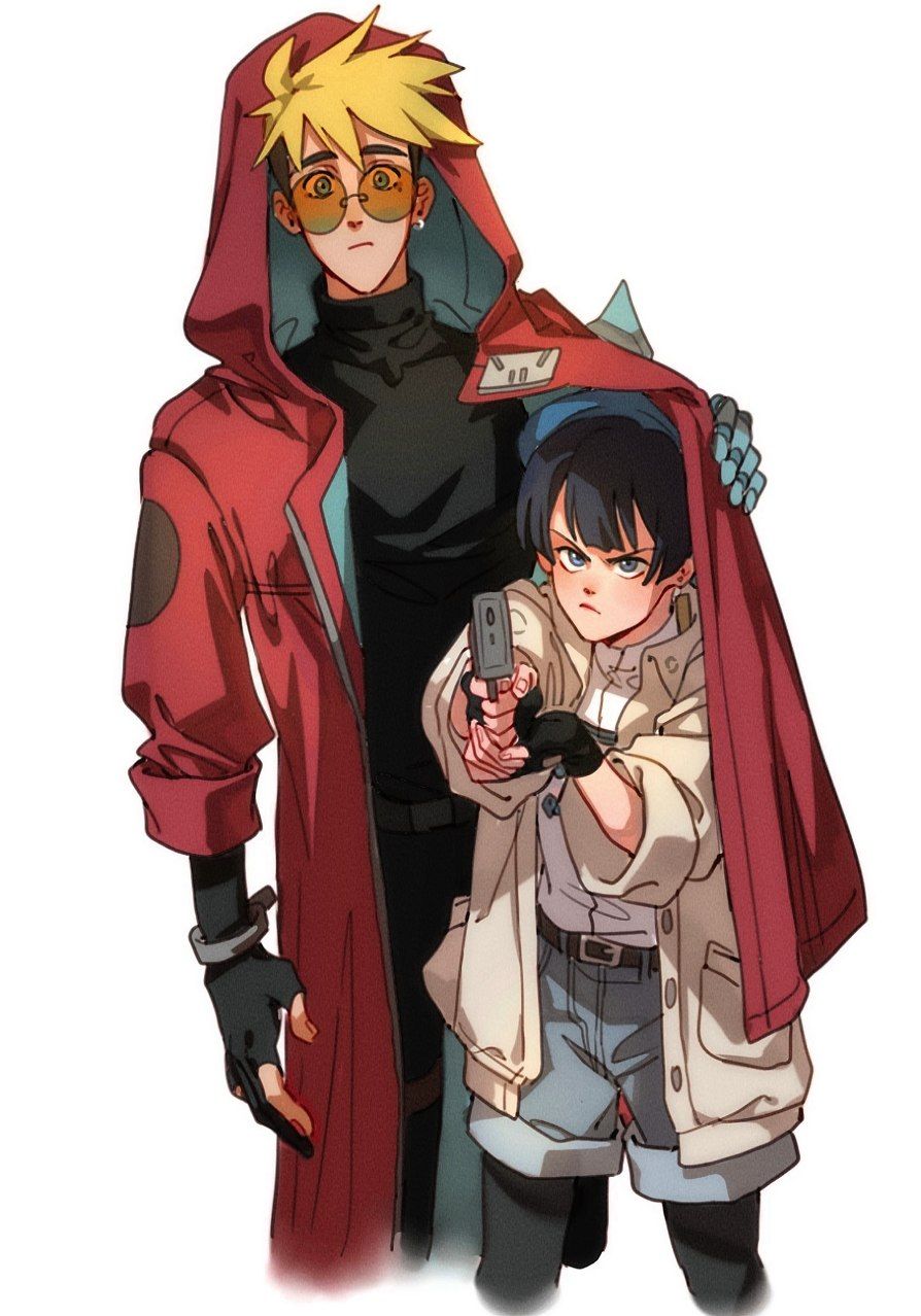 1boy, 1girl, belt, black_gloves, blonde_hair, coat, earrings, fingerless_gloves