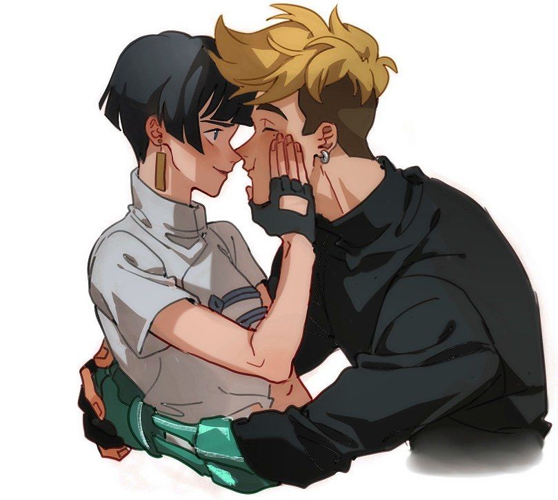 1boy, 1girl, black_hair, blonde_hair, blush, couple, earrings, fingerless_gloves