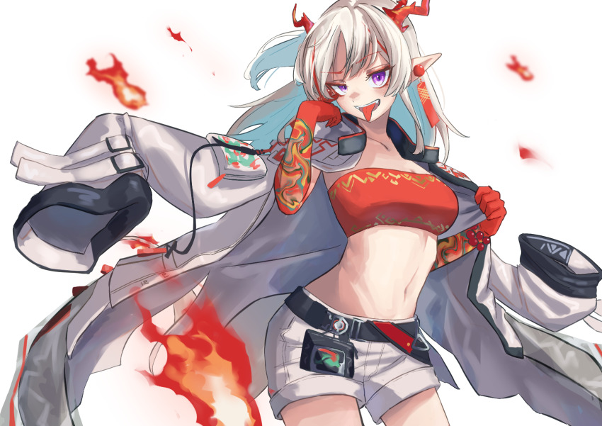 1girl, :d, arknights, bandeau, belt, black_belt, breasts, coat