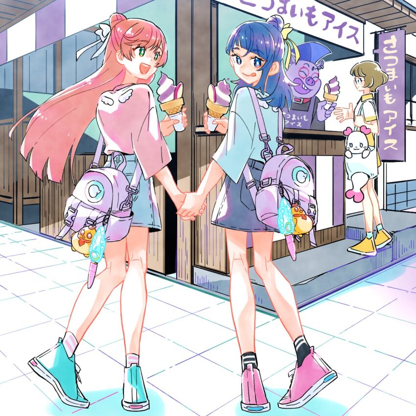 1boy, 3girls, animal_charm, apron, backpack, bag, blue_eyes, blue_footwear