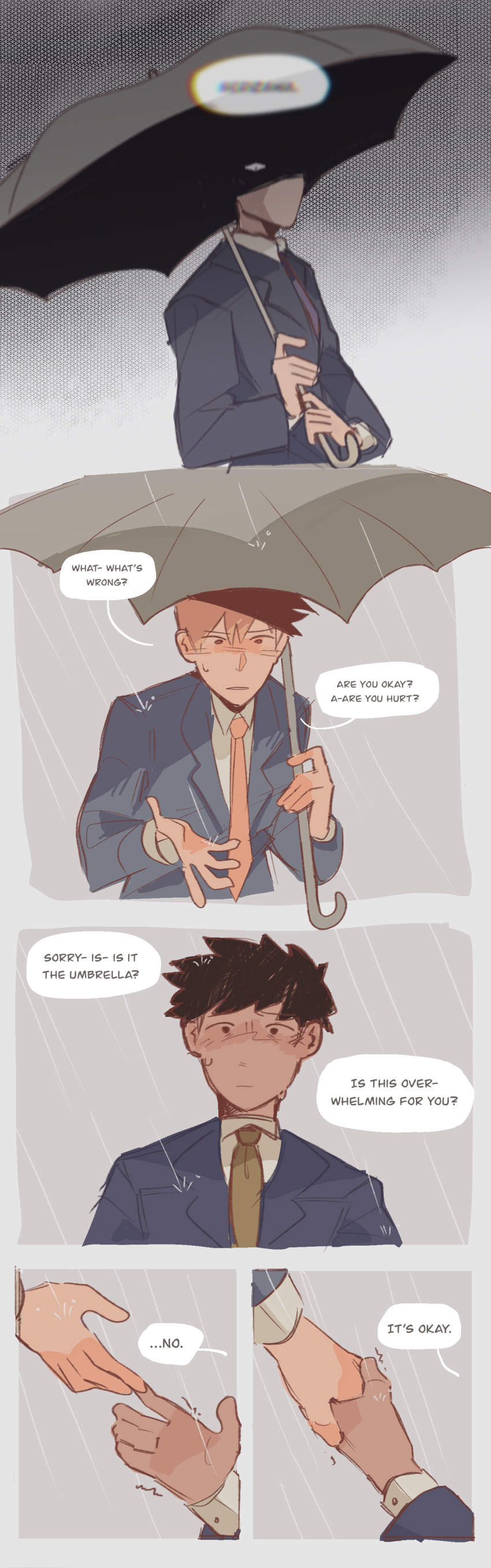 2boys, absurdres, blonde_hair, brown_hair, closed_mouth, collared_shirt, comic, commentary