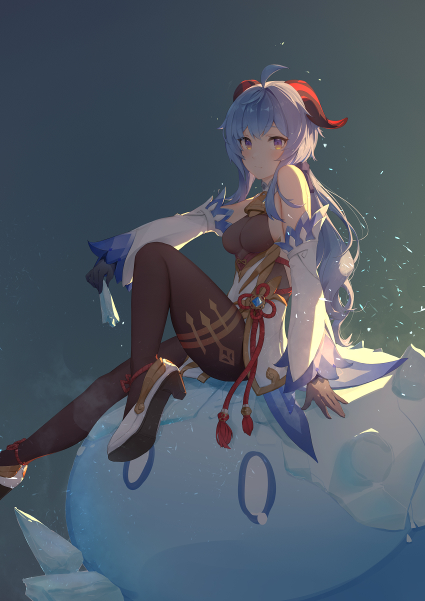 1girl, absurdres, ahoge, bare_shoulders, bell, black_pantyhose, blue_gloves, blue_hair