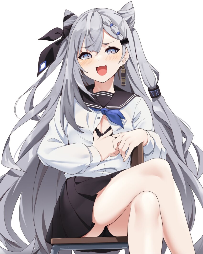 1girl, black_bra, black_skirt, blue_eyes, blue_ribbon, blush, bra, braid, braided_bangs, breasts, center_opening, cleavage, cone_hair_bun, double_bun, earrings, fang, grey_hair, hair_bun, hair_ears, hair_ornament, hair_ribbon, highres, holoh3roes, hololive, hololive_indonesia, jewelry, long_hair, looking_at_viewer, medium_breasts, open_mouth, panties, ribbon, school_uniform, shirt, simple_background, sitting, sitting_on_object, skirt, smile, smug, solo, underwear, vestia_zeta, virtual_youtuber, white_background, white_shirt, yuyu5x