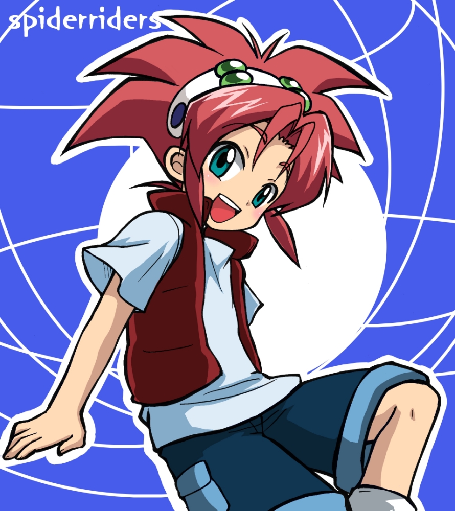 00s, 1boy, denim, denim_shorts, green_eyes, hunter_steele, male_focus, nanjou_akimasa, red_hair, shorts, solo, spider_riders, spiked_hair, vest