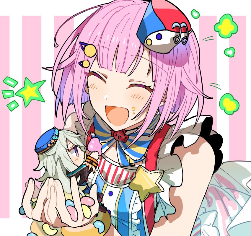 2girls, absurdres, blue_bow, blue_bowtie, blush, bow, bowtie, candy