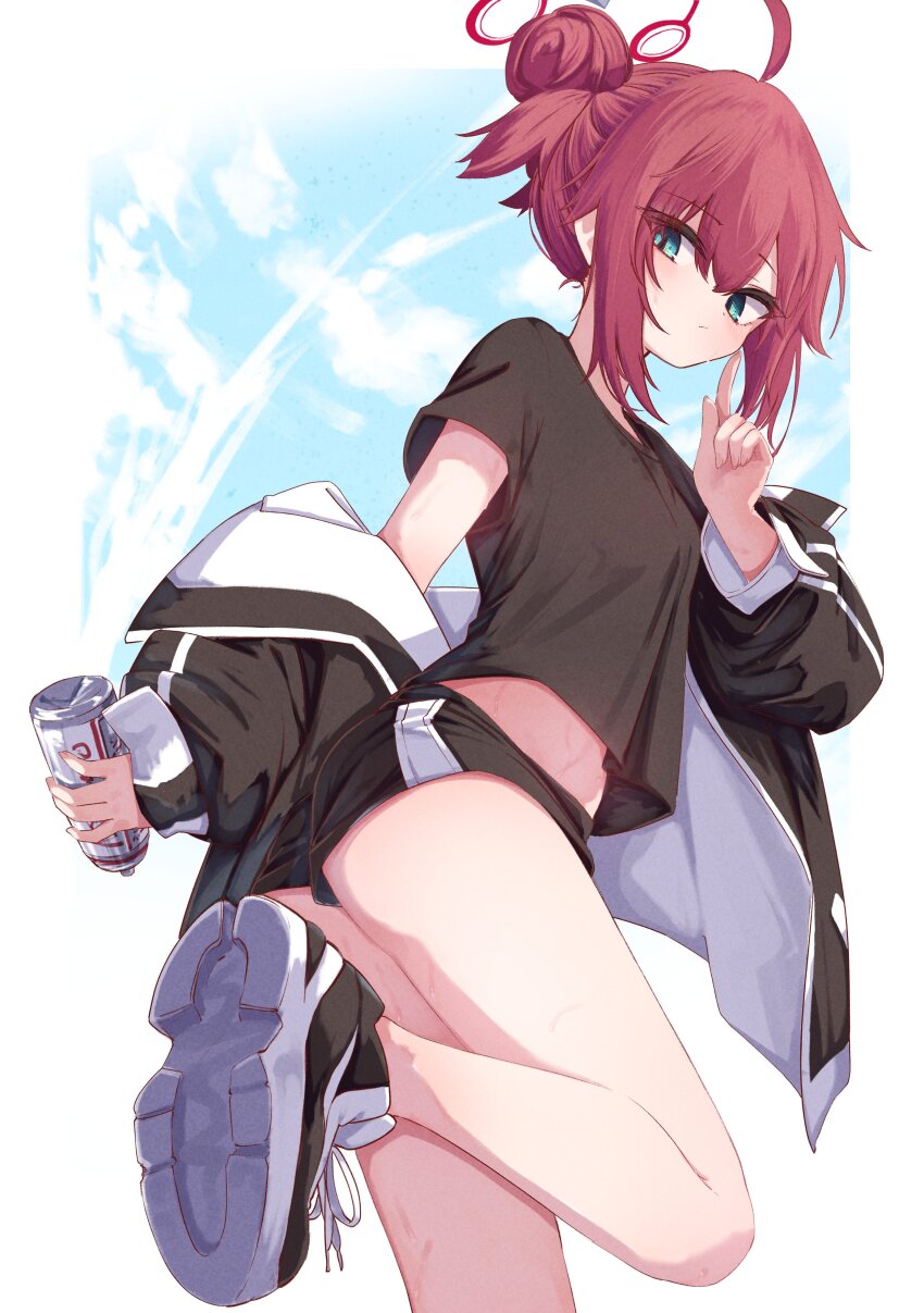 1girl, absurdres, ahoge, ass, bare_legs, black_jacket, black_shoes, black_shorts