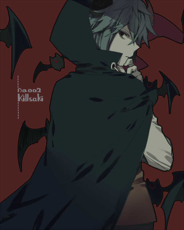 1boy, bat_(animal), black_eyes, black_hood, black_pants, brown_vest, character_name, demon_boy, demon_horns, facing_to_the_side, funamusea, gloves, grey_hair, hood, hood_down, horns, killisaki_(funamusea), looking_at_viewer, male_focus, pants, red_background, shirt, short_hair, solo, tekki_(tki), vampire, vest, white_gloves, white_shirt