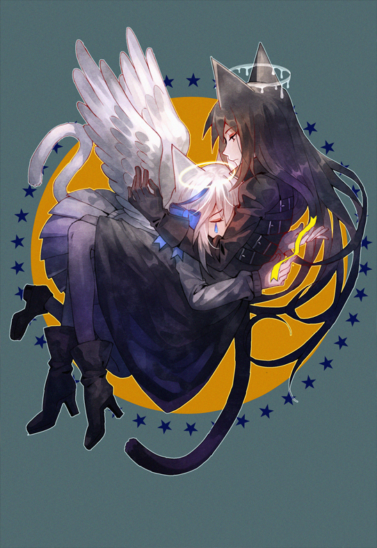 2girls, angel_wings, animal_ears, black_coat, black_eyes, black_hair, blue_eyes, blue_hair