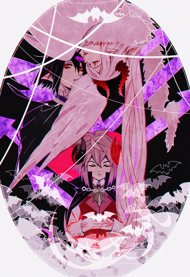 1girl, 2boys, bat_(animal), black_hair, demon_girl, demon_horns, family, father_and_child, father_and_son, feathered_wings, funamusea, grey_hair, harpy, horns, killie_(funamusea), killisaki_(funamusea), long_hair, majiang, monster_girl, mother_and_child, mother_and_son, multiple_boys, parent_and_child, pointy_ears, red_eyes, sheep_horns, short_hair, upside-down, vampire, white_background, white_hair, wings, yatsuzaki_(funamusea)