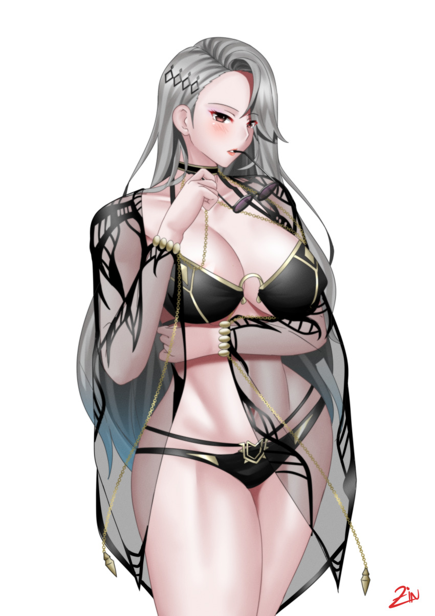 1girl, absurdres, arm_under_breasts, ass, asymmetrical_hair, bikini, black_bikini, black_choker, blush, bracelet, breasts, brown_eyes, carmilla_(fate), carmilla_(fate)_(cosplay), carmilla_(swimsuit_rider)_(third_ascension)_(fate), chain, choker, collarbone, cosplay, eyewear_in_mouth, fate/grand_order, fate_(series), glasses, gold_chain, grey_hair, hair_ornament, hairclip, highres, jewelry, large_breasts, long_hair, mouth_hold, navel, niijima_sae, o-ring, o-ring_bikini, persona, persona_5, see-through_clothes, signature, simple_background, solo, stomach, sunglasses, swept_bangs, swimsuit, thighs, white_background, zinfian
