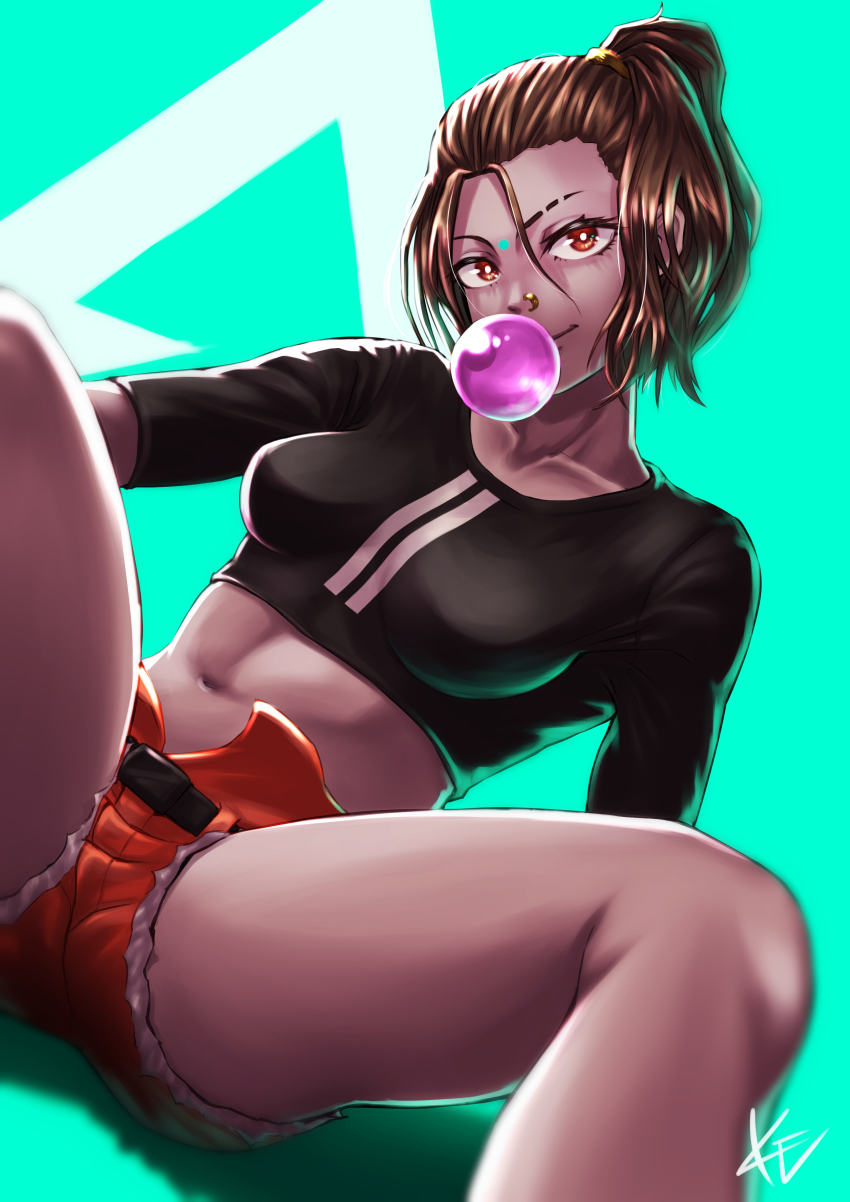 1girl, abs, absurdres, apex_legends, belt, breasts, brown_hair, chewing_gum