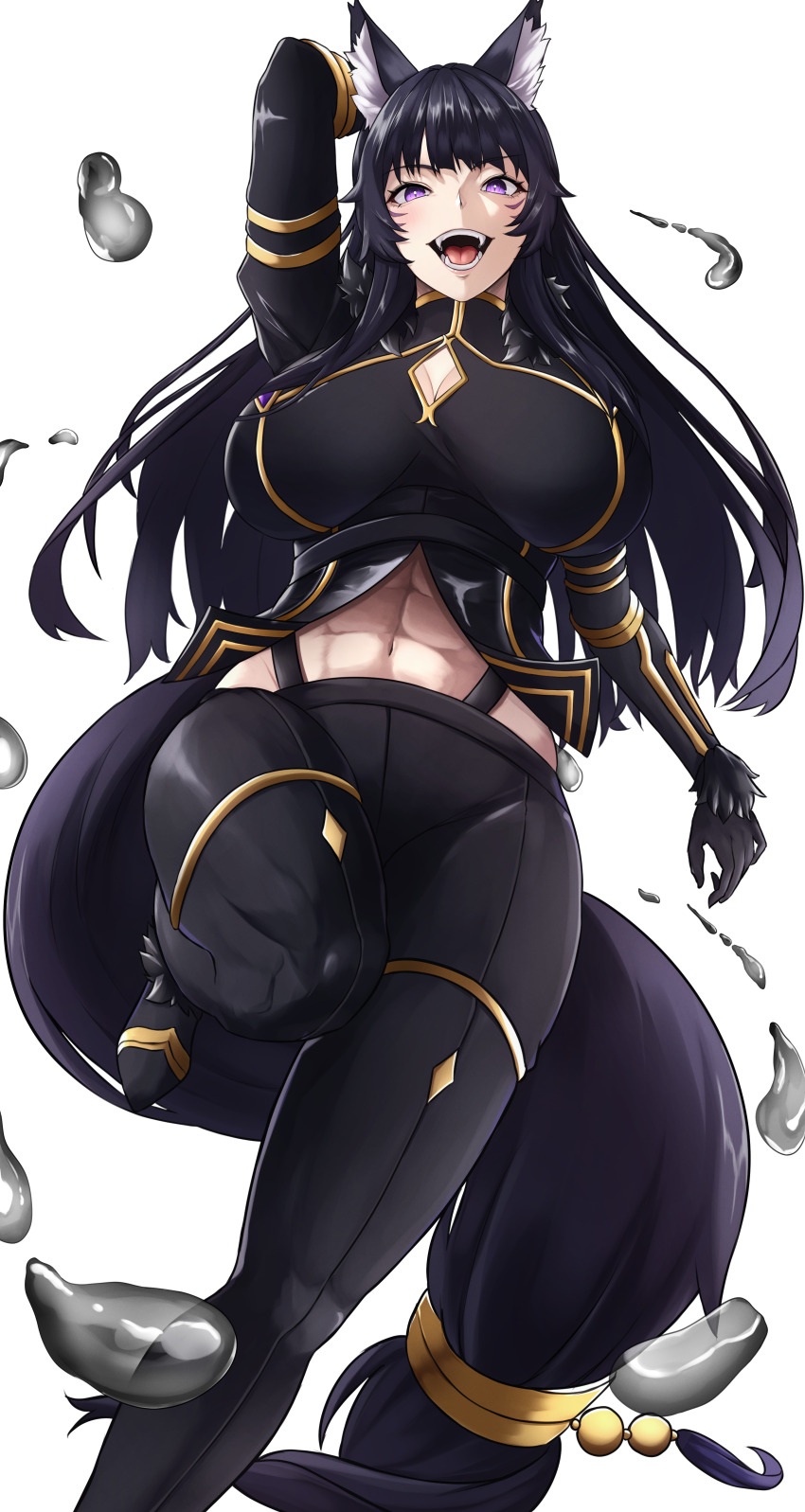 1girl, abs, absurdres, animal_ear_fluff, animal_ears, blonde_hair, breasts, cleavage_cutout, clothing_cutout, delta_(kagejitsu), facepaint, fangs, hand_up, highres, huge_breasts, kage_no_jitsuryokusha_ni_naritakute!, large_breasts, leg_up, long_hair, looking_at_viewer, makeup, muscular, muscular_female, open_mouth, purple_eyes, smile, solo, souma_(so_u_maaaaa), tail, very_long_hair