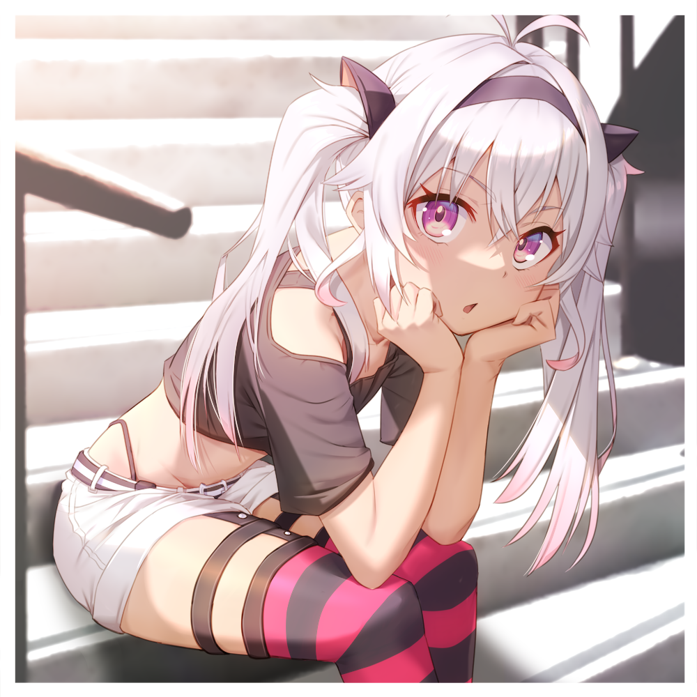 1girl, :o, antenna_hair, black_hairband, black_shirt, black_shorts, crop_top, crossed_bangs, dark-skinned_female, dark_skin, grey_hair, hairband, highleg, highleg_panties, leaning_forward, long_hair, looking_at_viewer, matsukai_mao, matsukai_mao_(1st_costume), nijisanji, off-shoulder_shirt, off_shoulder, panties, panty_straps, purple_eyes, rei_k_79, shirt, short_shorts, short_sleeves, shorts, sitting, solo, stairs, striped_clothes, striped_thighhighs, thigh_strap, thighhighs, twintails, underwear, virtual_youtuber, white_shorts